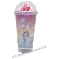 GENERICO - Vaso Con Bombilla Diseño Sirena Pelo Rosado Pelotitas y Luz Led Kawaii