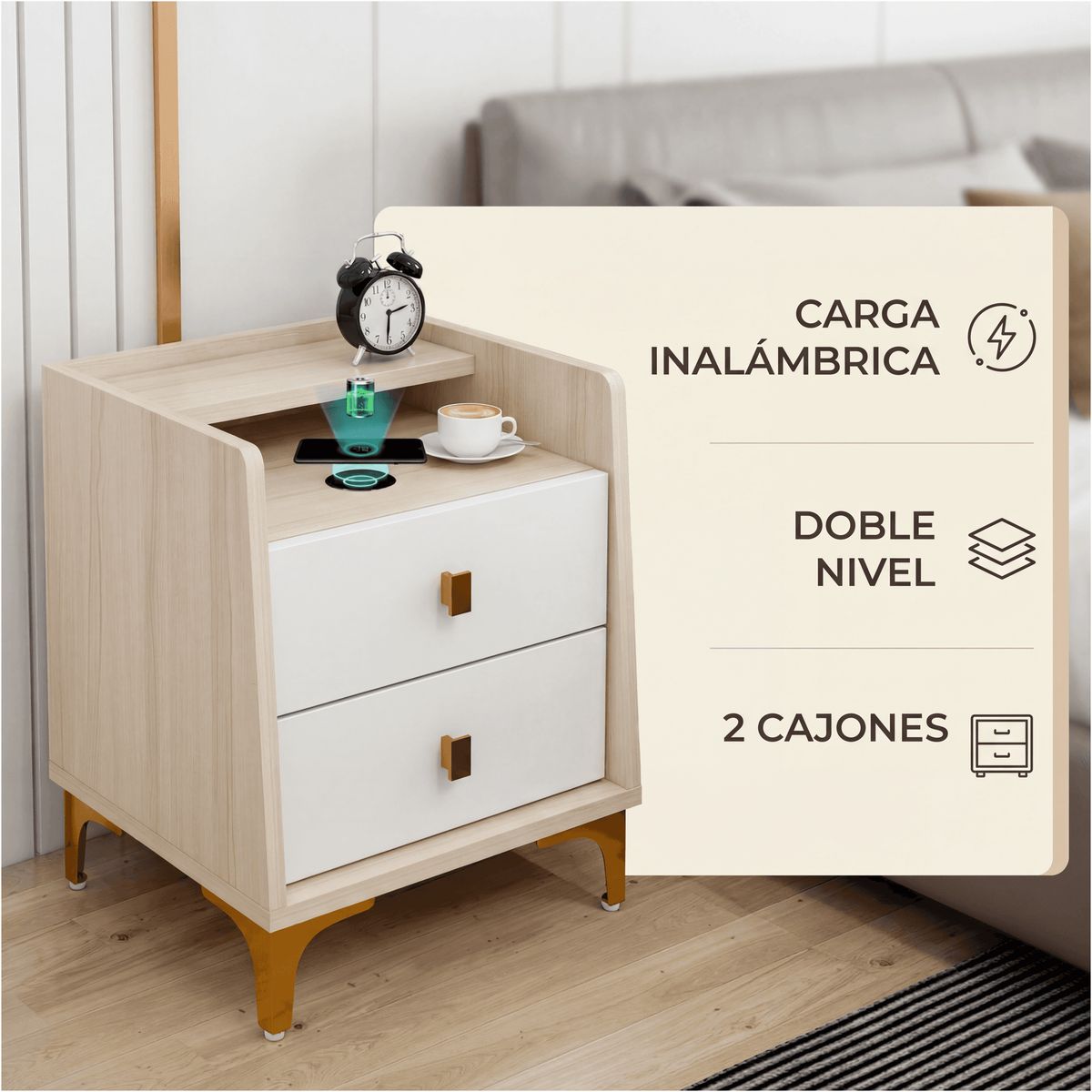 HOMER DESIGN - Velador 2 Niveles Con Cargador Inalambrico 40*34*50 Doble