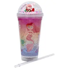 GENERICO - Vaso Con Bombilla Diseño Sirena Pelo Rojo Pelotitas y Luz Led Kawaii