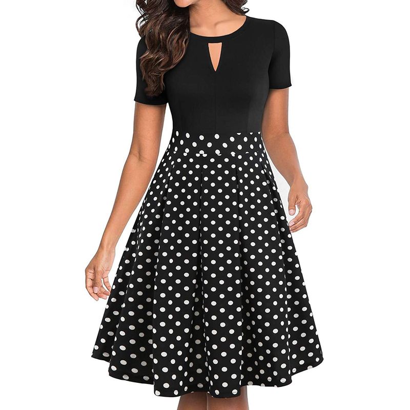 HENNE CLOTHING - Vestido estilo vintage - midi ajustado de lunares - blanco y negro