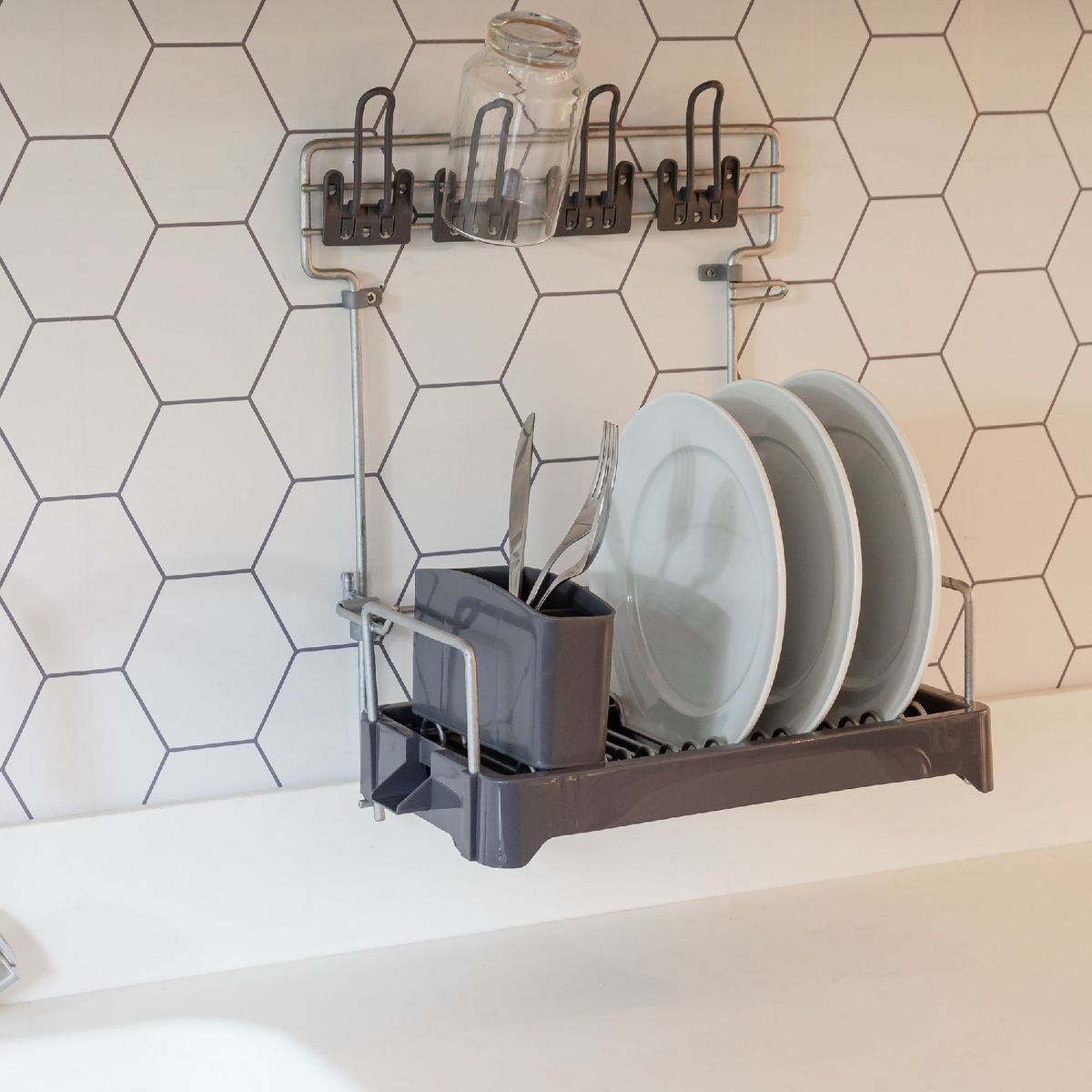 METALTRU - Secaplatos Escurridor Termoplastificado de Pared Gris 14 Platos