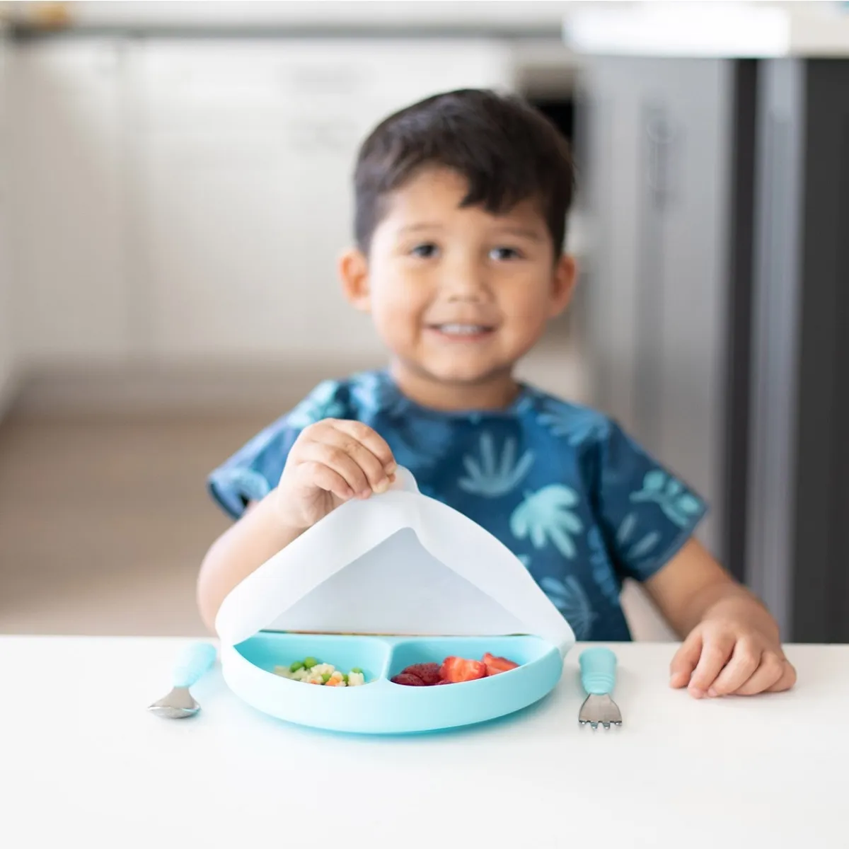 BUMKINS - Plato con tapa+agarre (silicona) / GripDish&StretchLid Azul BUMKINS