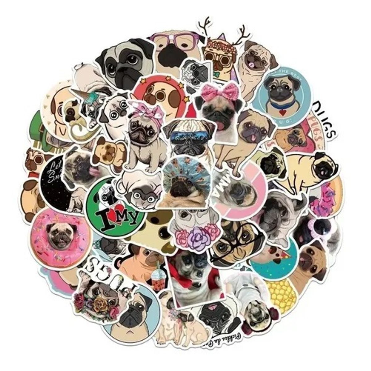 GARSIL - 50 Stickers Perro Pug Kawaii  - Etiquetas Autoadhesivas