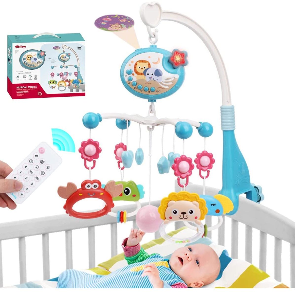 GENERICO - Móvil Giratorio Para Cuna Luz y Sonido Con Control 360° Azul