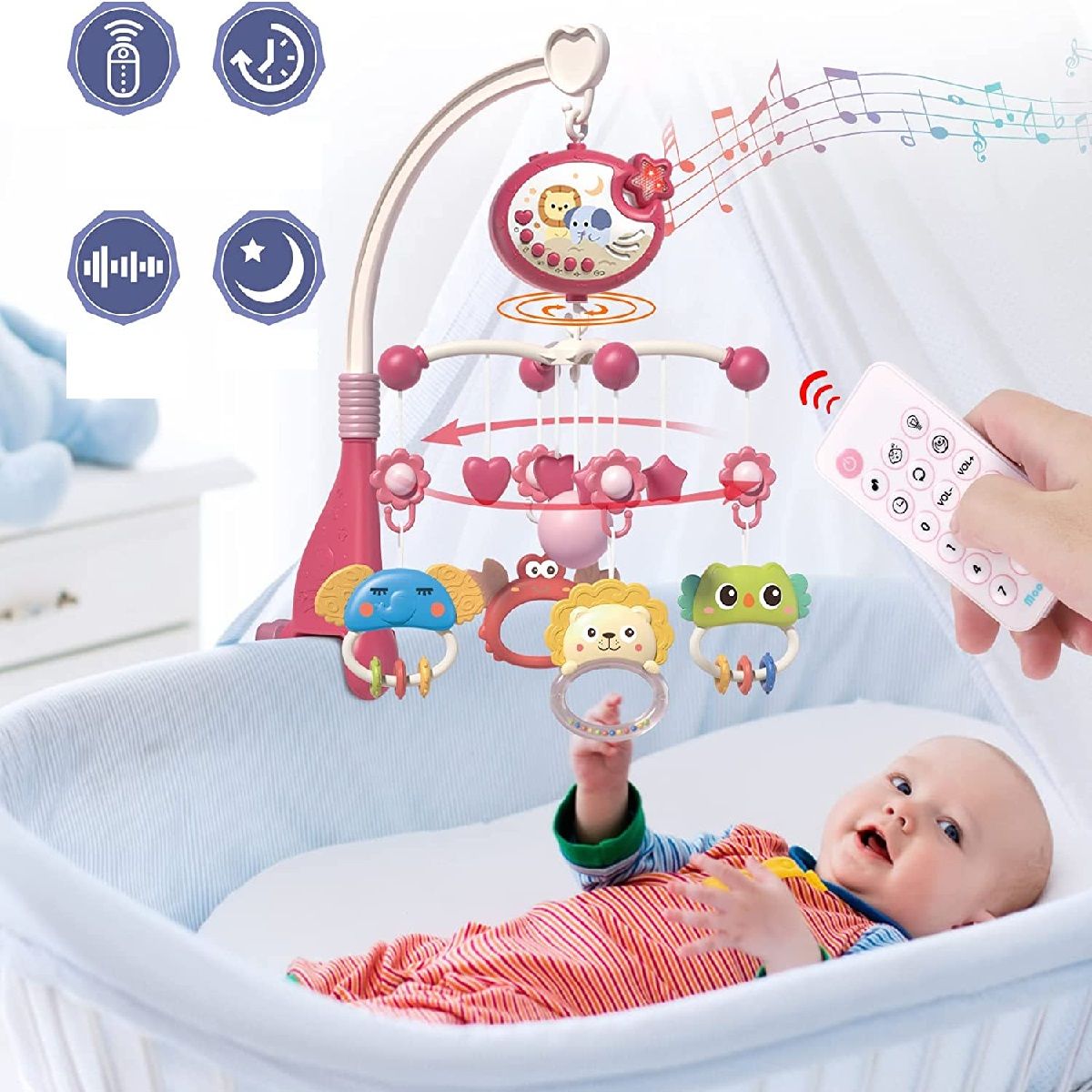 GENERICO - Móvil Giratorio Para Cuna Luz y Sonido Con Control 360 Rosa