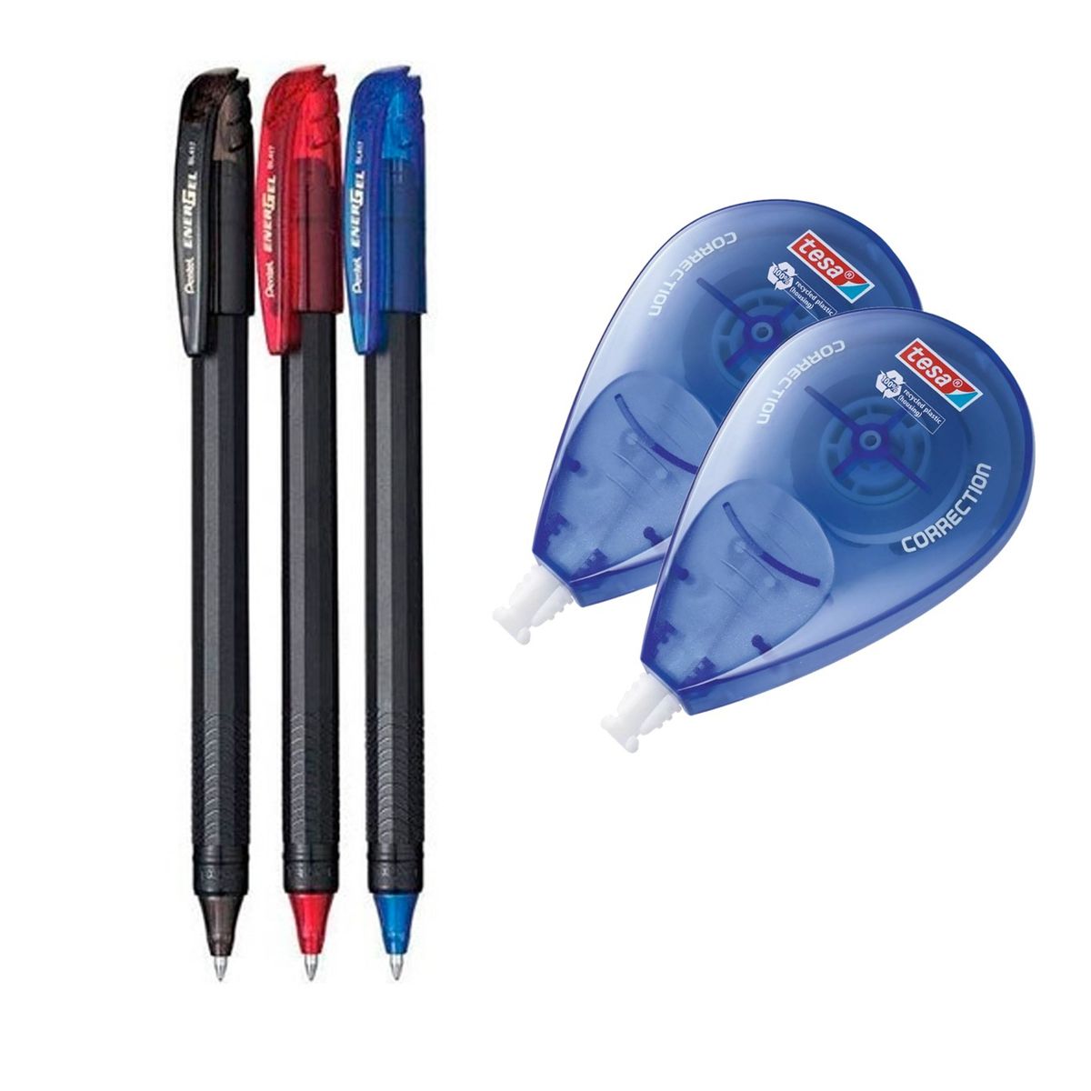 PENTEL - Set 3 Lapices Tinta Gel Makkuro + 2 Corrector Roller Tesa