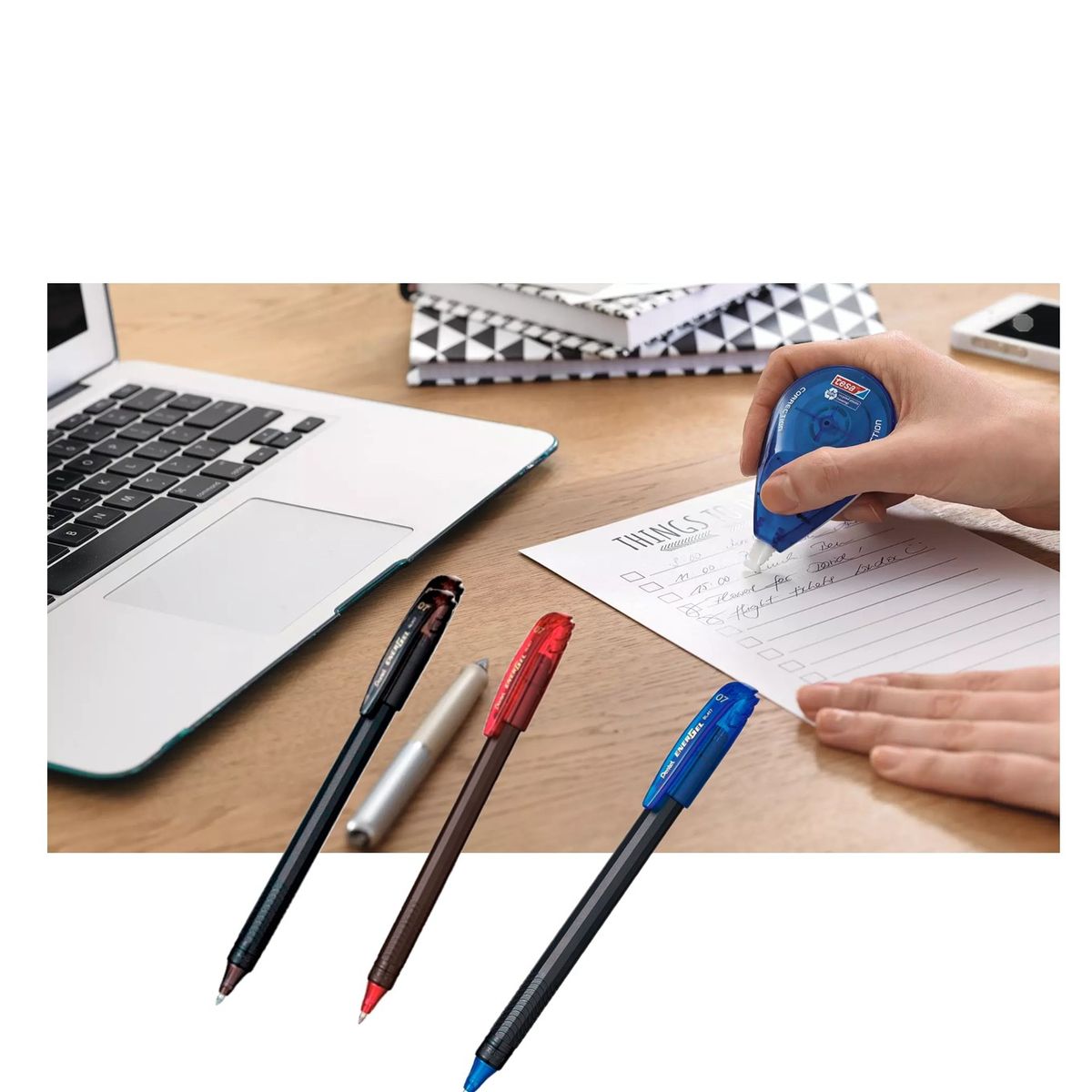 PENTEL - Set 3 Lapices Tinta Gel Makkuro + 2 Corrector Roller Tesa