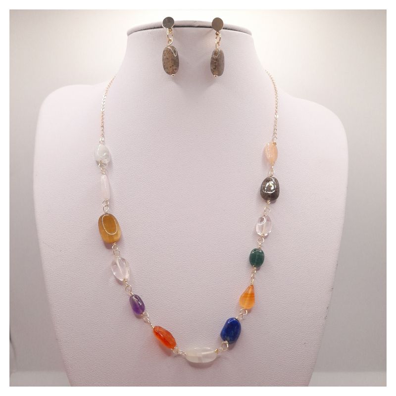 CAT JOYAS - collar y aros enchapado en oro amatistacuarzojade
