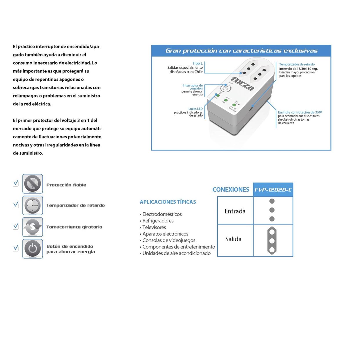 FORZA - Protector Corta Corriente Voltaje Ac 220V 2 Salida Giratorio