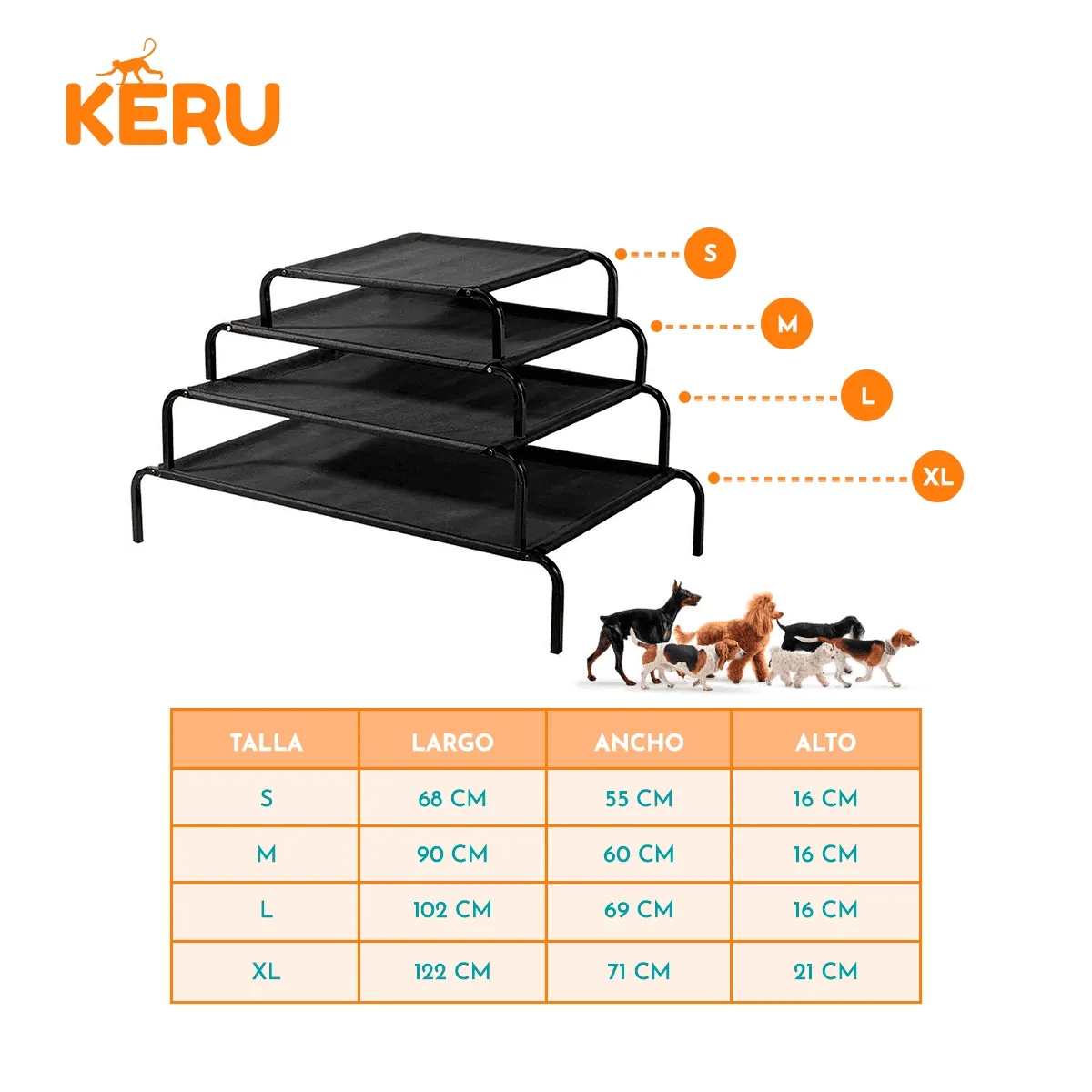 KERU - Cama Refrescante En Altura Para Perros Gatos Elevada Talla S
