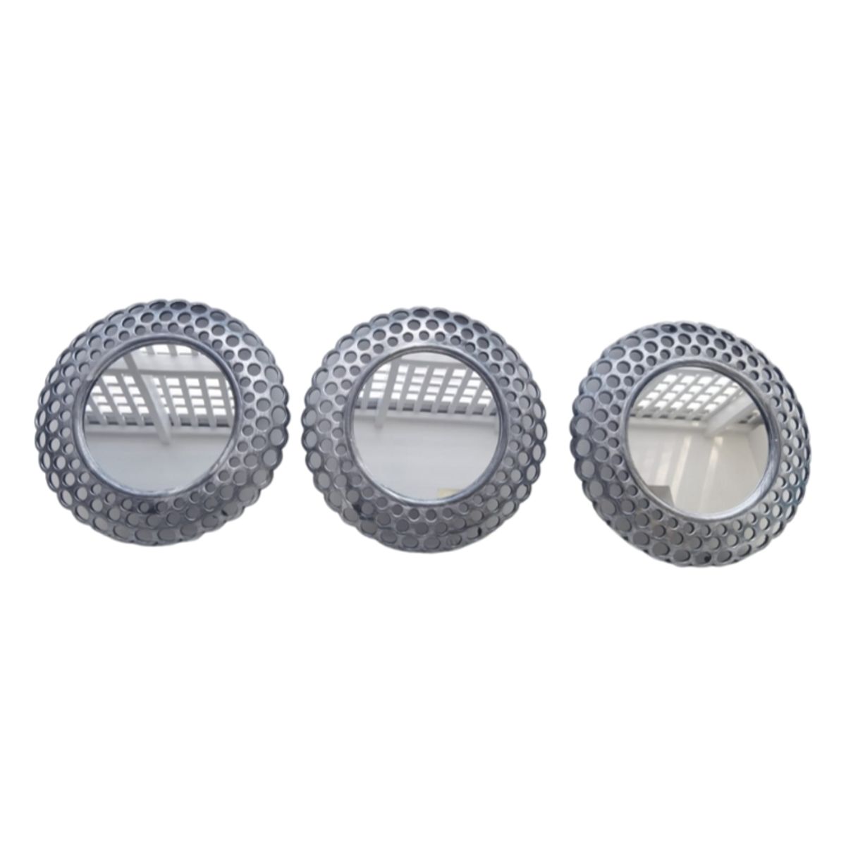 VALSTORE DECO Y DESIGN - Set de 3 Espejos Redondos Gris Perforaciones 25 cm c/u