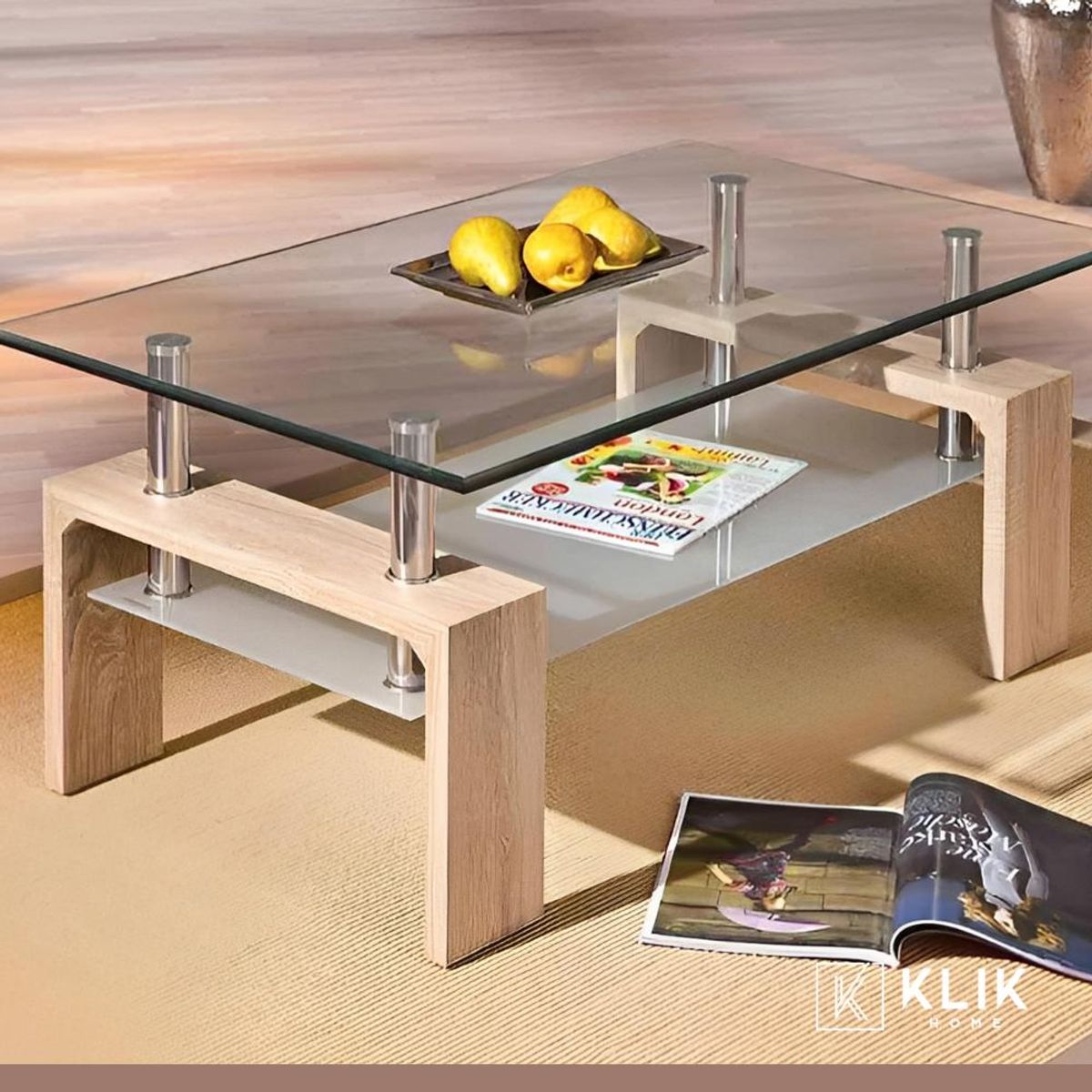 KLIK - Mesa de centro para living rectangular de vidrio y madera
