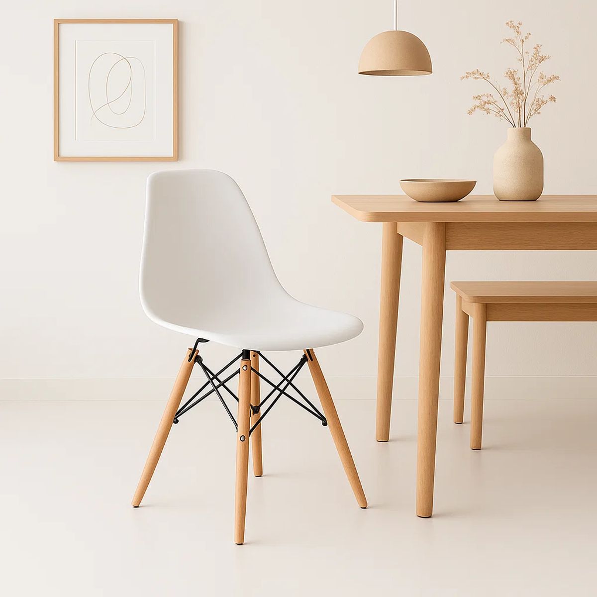 KLIK - Silla Taburete Eames  para Comedor, Patas de Madera Blanca KLIK