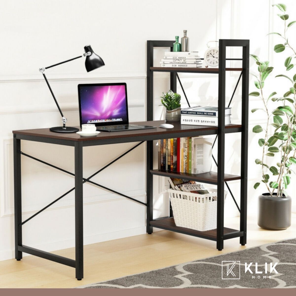 KLIK - Escritorio Industrial Home Office con Repisas Oslo - Madera Oscura Walnut