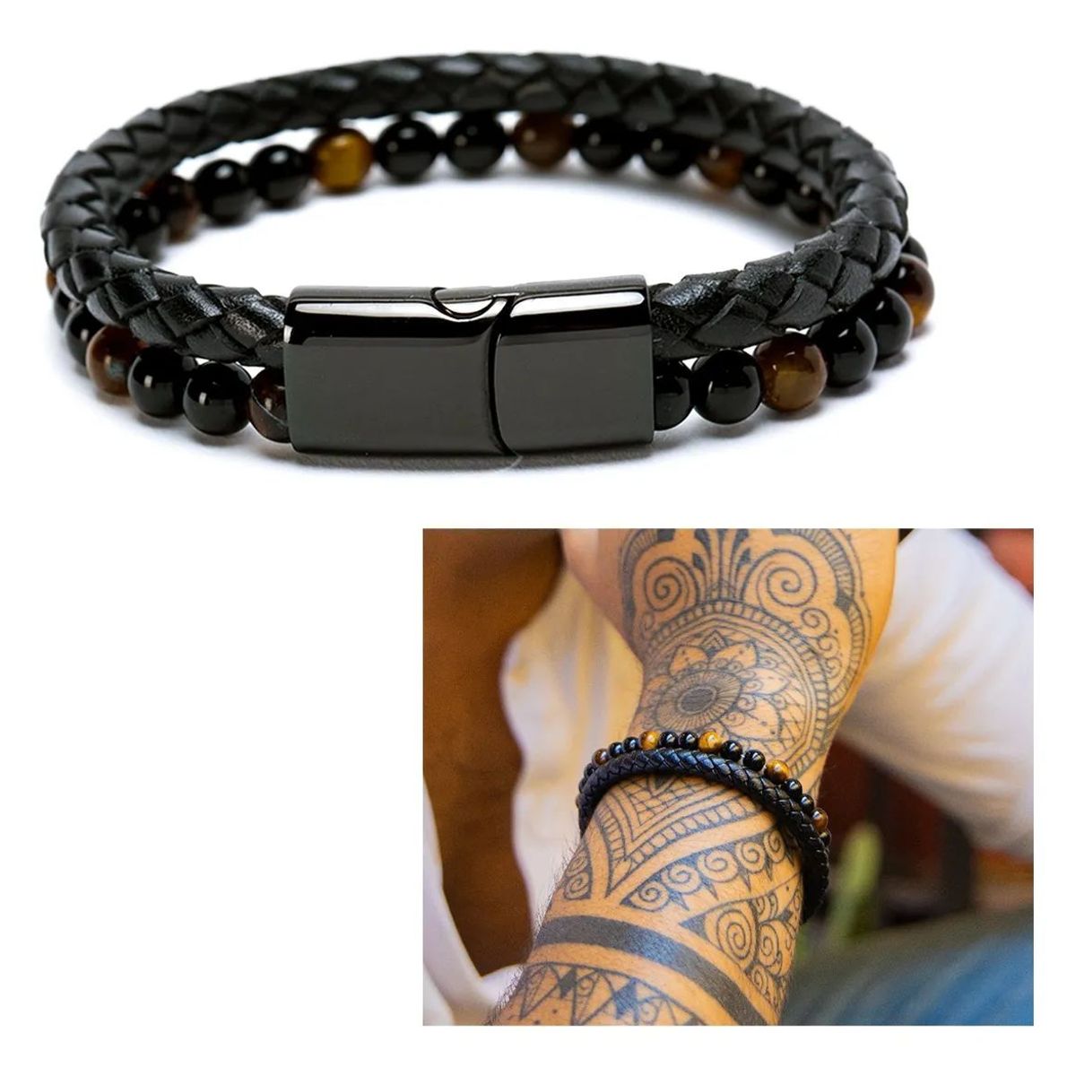 KUANGYE - Pulsera De Piedra Cuero Broche Elegante Juvenil