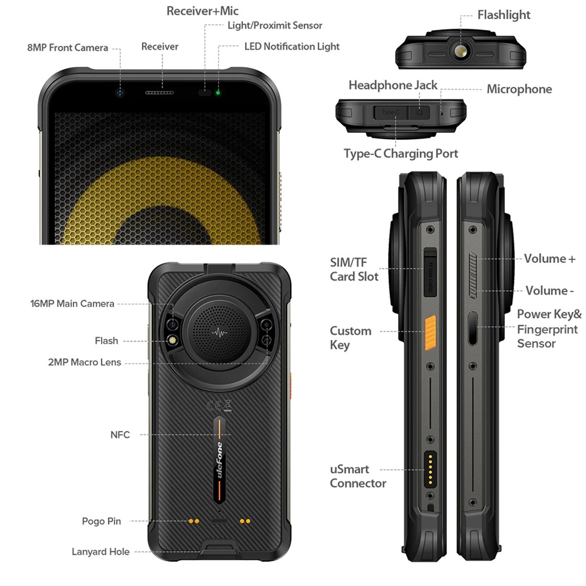 ULEFONE - Ulefone Armor 16 Pro - Gran Parlante Musica 122DB, 9600mAh - Resistente Golpes Caidas Agua, Dualsim