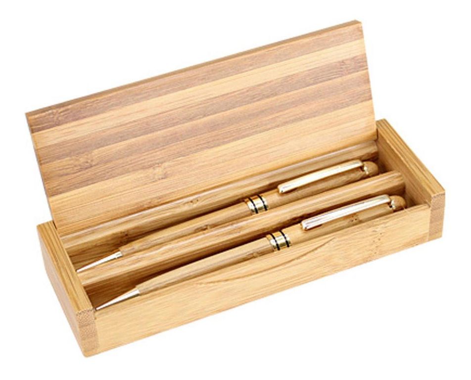 Set 2 Boligrafo Lapiz Estuche Bambu Deluxe