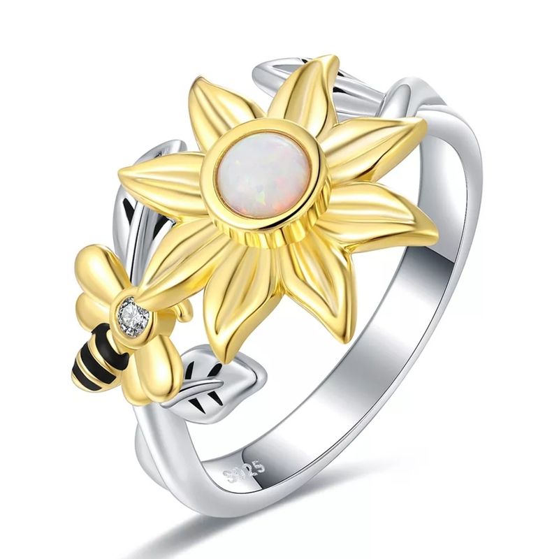 GENERICO - Anillo plata 925 girasol ajustable giratorio anti estres