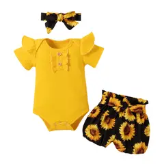 ANGO - Conjunto Verano 3 piezas Amarillo Botones Bombacha Girasoles
