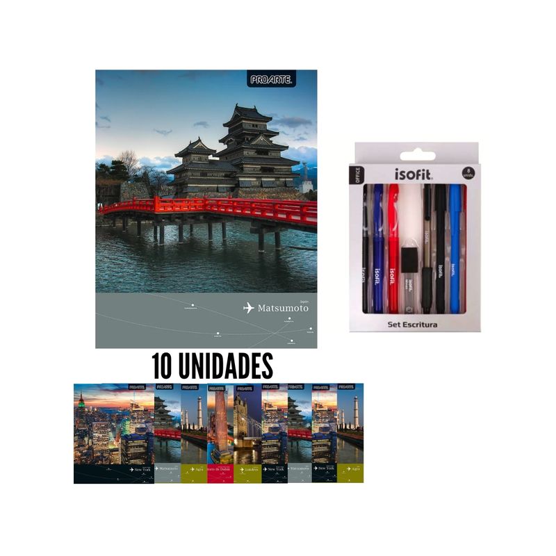PROARTE - 10 cuadernos Univer. 7mm Ciudades + set de escritura