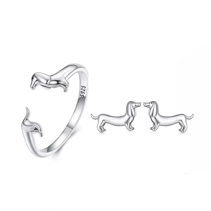 GENERICO - Anillo y aros perro salchicha plata 925 ajustable
