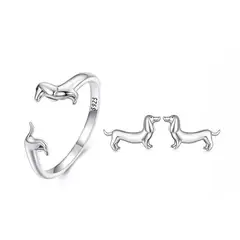 GENERICO - Anillo y aros perro salchicha plata 925 ajustable