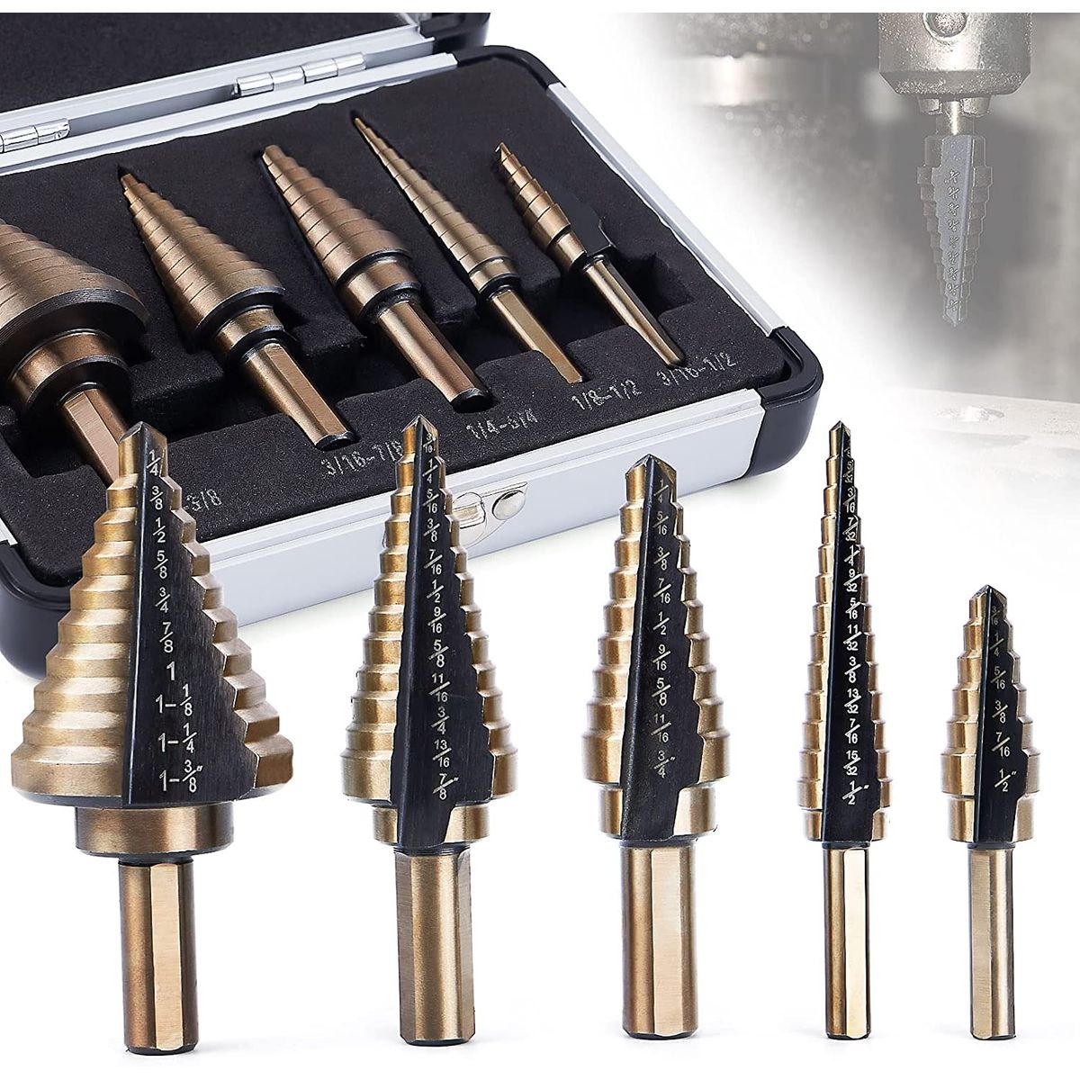 GENERICO - Set 5 Brocas Escalonadas Acero Hss Brocas Cobalto 50 Tamaños