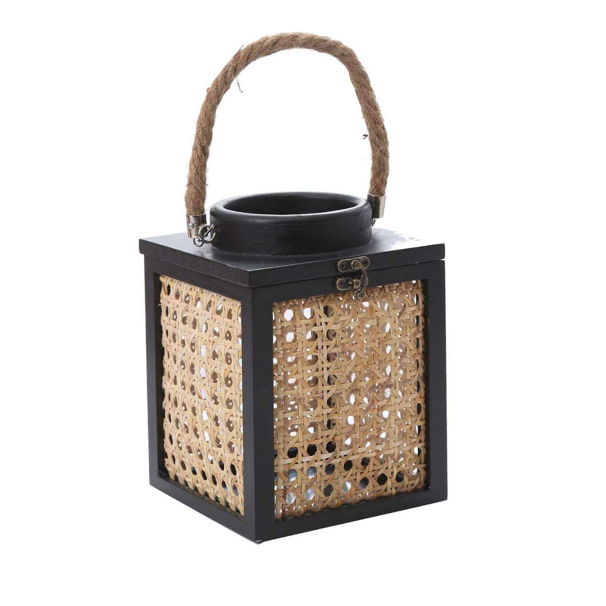 HOME ESSENTIALS - Farol rustico junco cuadrado 18 cm negro