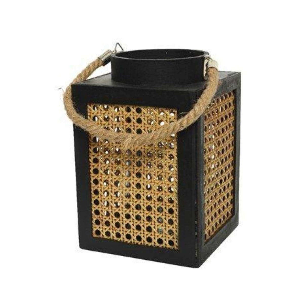 HOME ESSENTIALS - Farol rustico junco cuadrado 18 cm negro