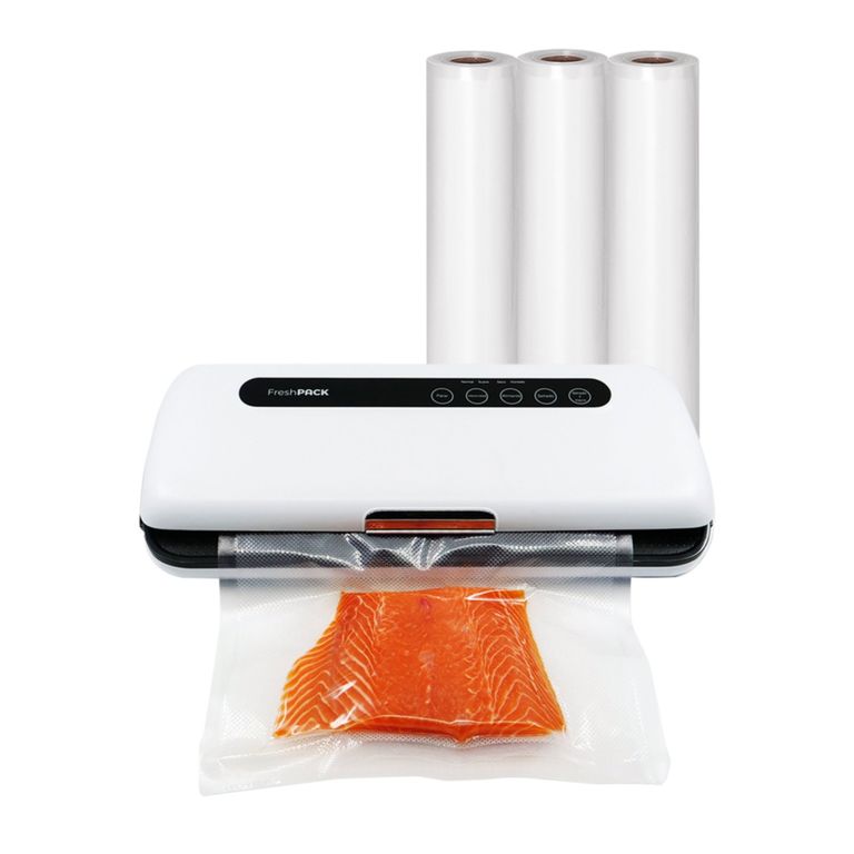 FRESHPACK Pack Sellador al vacio de alimentos y 3 rollos 28cm x 5mt