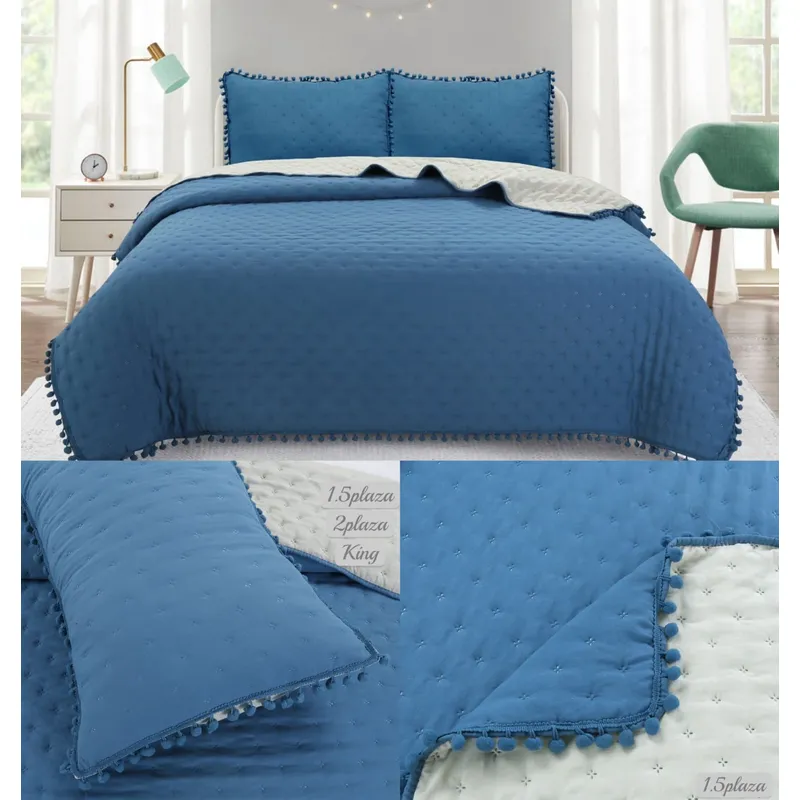 GENERICO - Cubrecama 2 Plazas - Azul pompón de verano