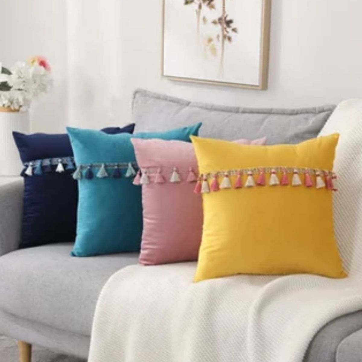 GENERICO - Fundas de Cojín flecos pack 4 surtidas terciopelo