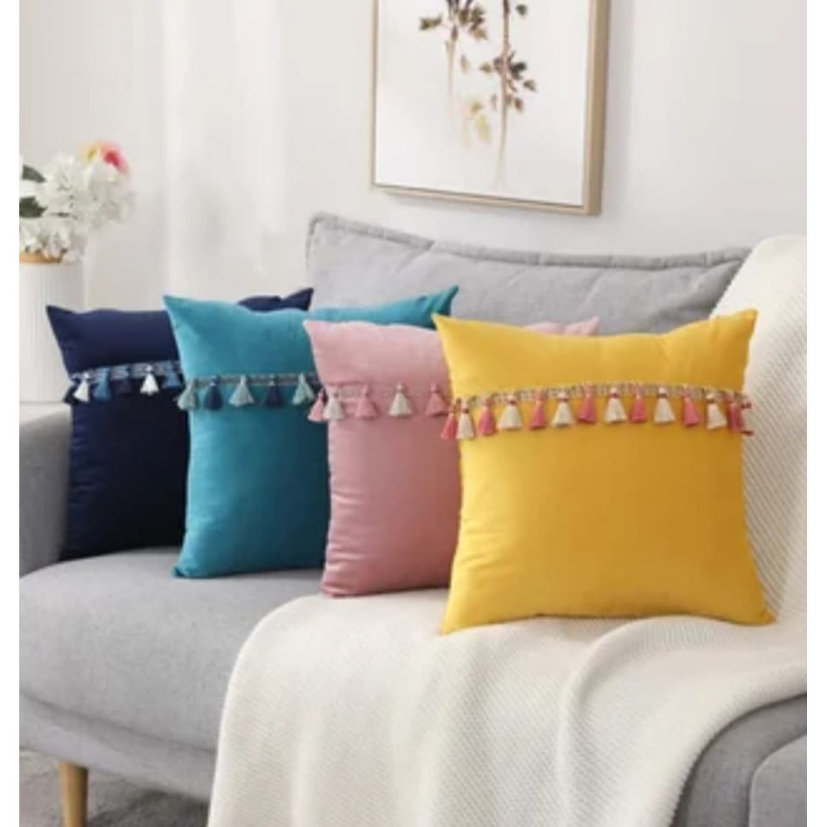 GENERICO - Fundas de Cojín flecos pack 4 surtidas terciopelo