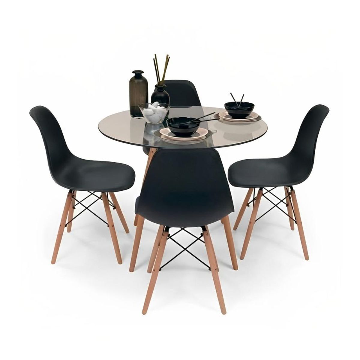 KLIK - Comedor Mesa Eames Vidrio 80cm + 4 Sillas Eames Negras KLIK