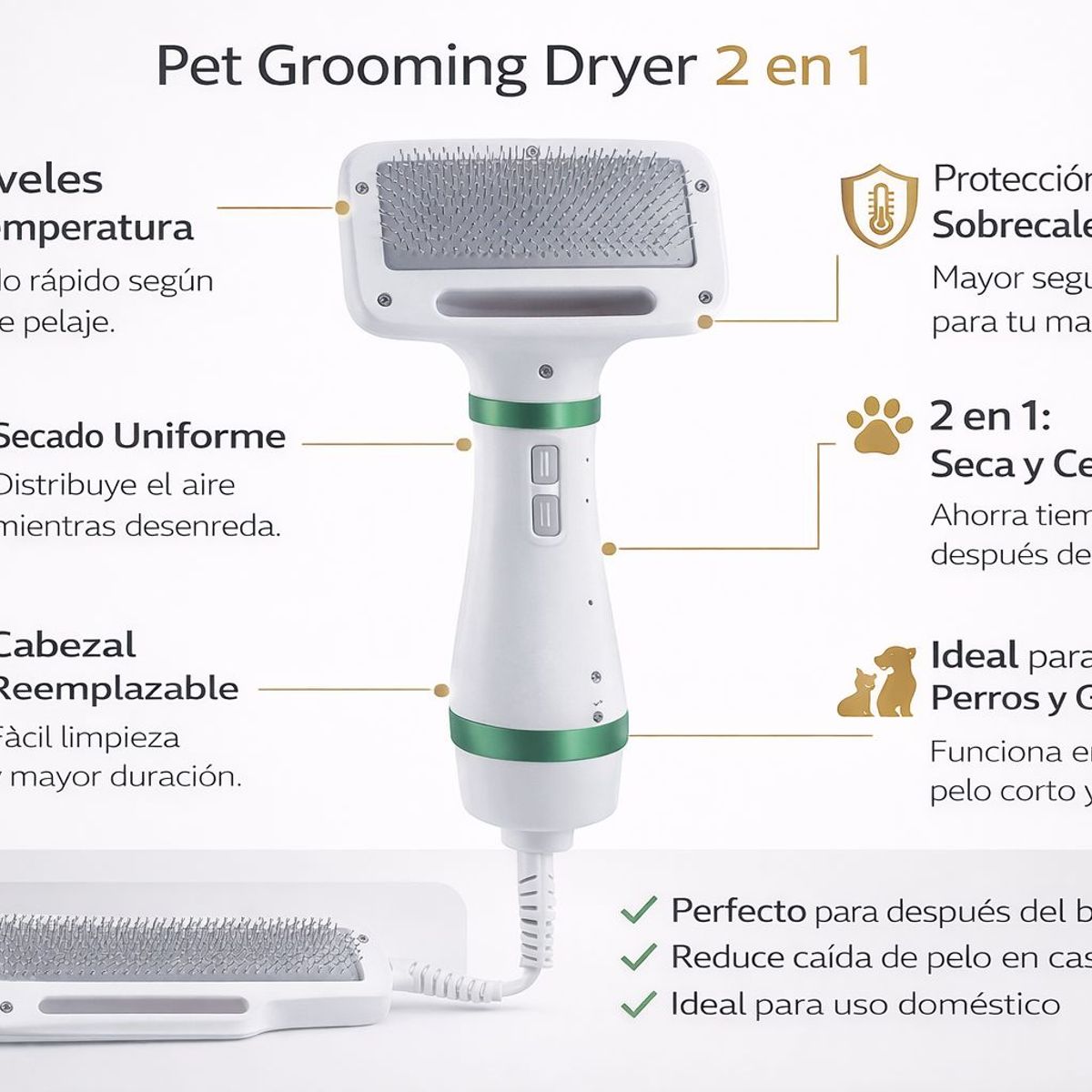 GENERICO - Secador Cepillo para Mascotas 2 en 1 Pet Grooming Dryer con 2 Niveles de Calor Desenreda