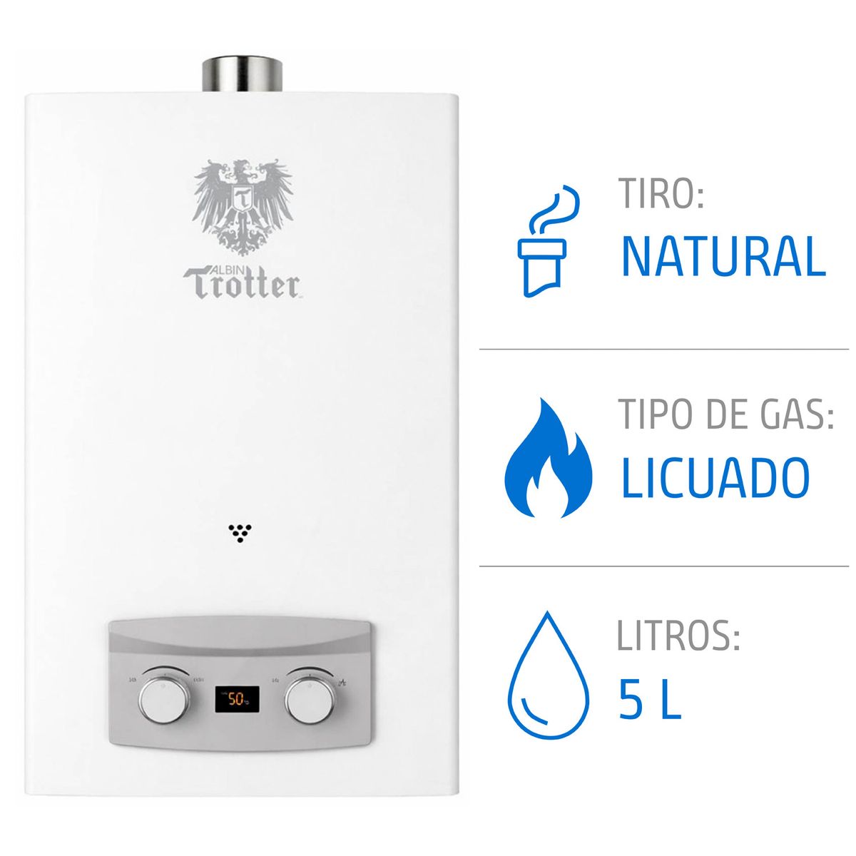 Calefont Albin Trotter 5 Litros Tiro Natural Gas Licuado, marca ALBIN TROTTER - Foto Principal