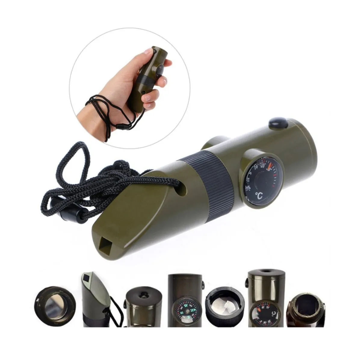 EKOI - Silbato Emergencia Brújula + Termómetro + Lupa 7 En 1