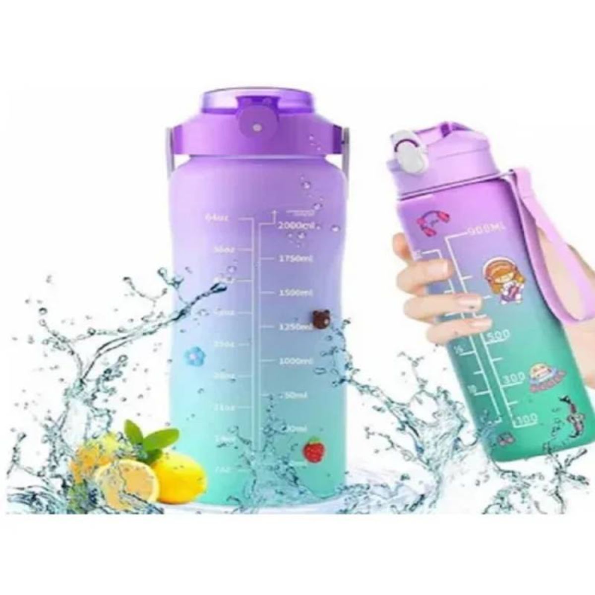 GENERICO - Pack 2 Botellas Agua Motivacional De 2 Litros y 900ml con Stikers Kawai