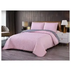 COMPRAPO - Cubrecama Quilt Algodón Pompones Premium Palo Rosa 2 Plazas + 2 Fundas