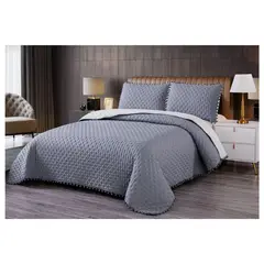 COMPRAPO - Cubrecama Quilt Algodón Pompones Premium Gris 2 Plazas + 2 Fundas