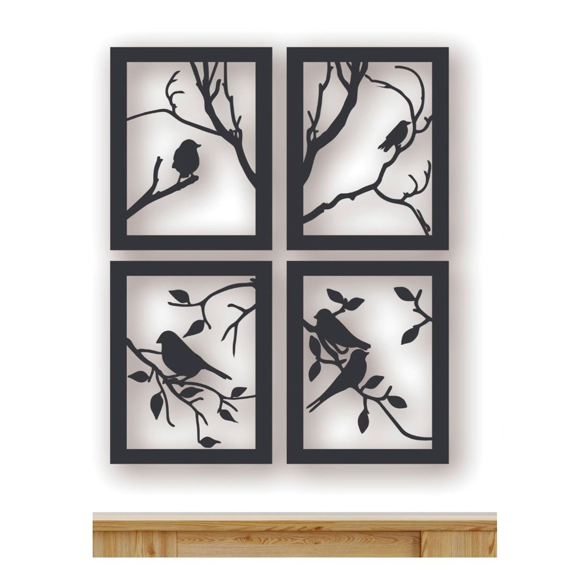 GENERICO - Cuadros Ramas y Pájaros  Artesanal En Madera MDF Pack 4ud