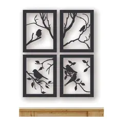 GENERICO - Cuadros Ramas y Pájaros Artesanal En Madera MDF Pack 4ud