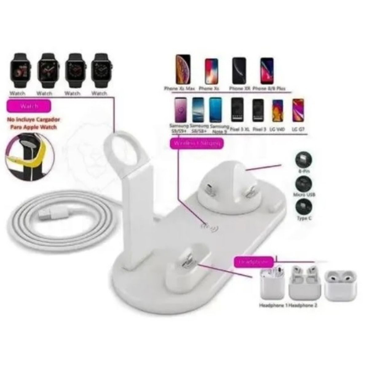GENERICO - Estacion Carga Inalambrica 4 En 1 Para iPhone Samsung Xiaomi Blanco