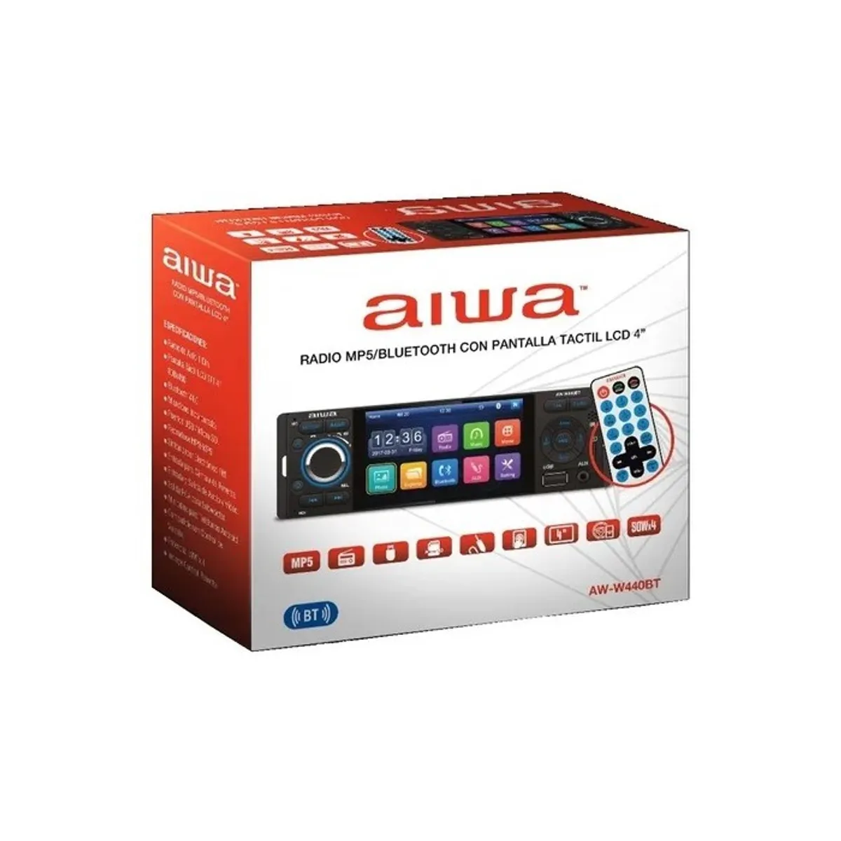 AIWA - Radio Auto 1 Din Con Pantalla Tactil De 4'' Aiwa Aw-w440bt.