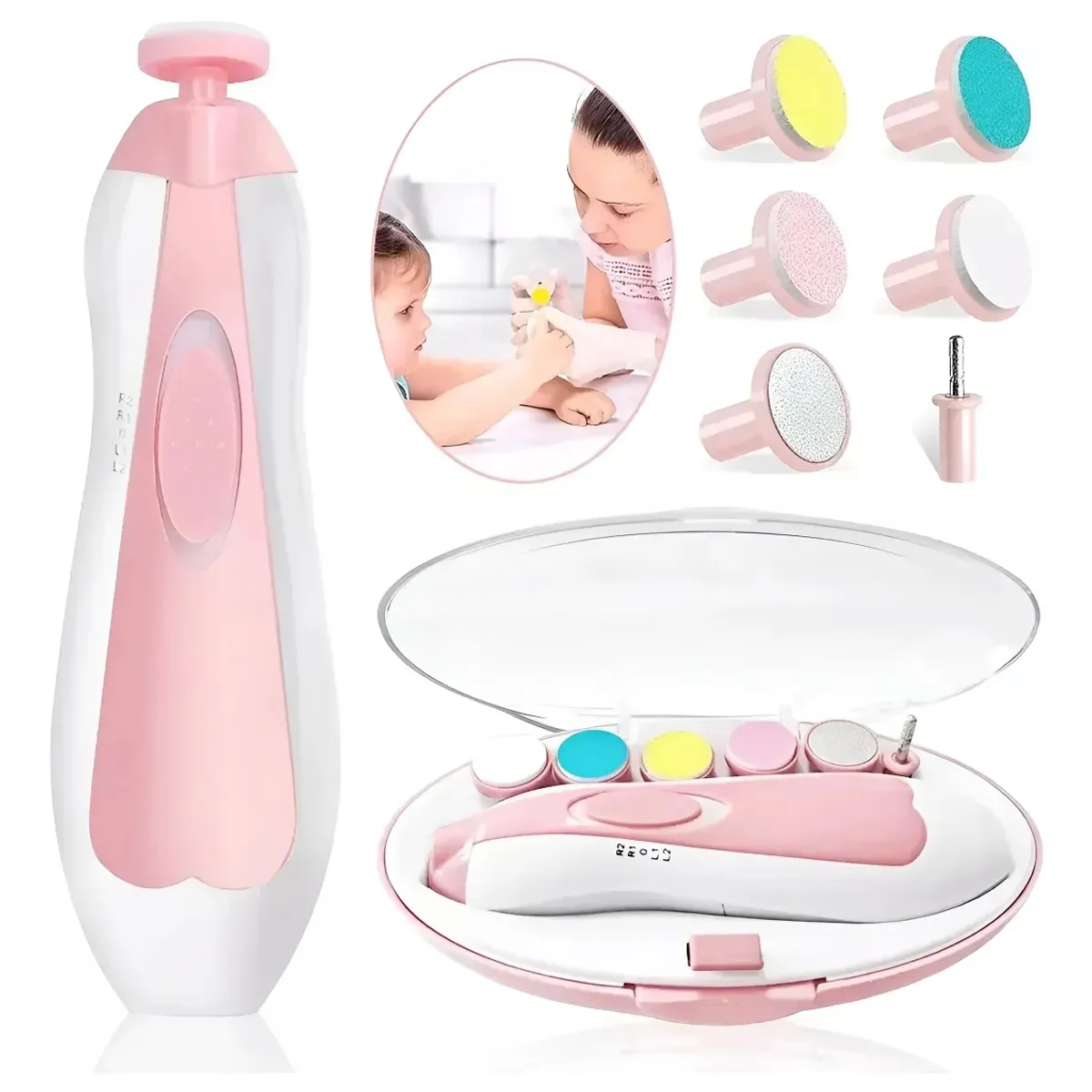 GENERICO - Corta Unas Bebe rosado Lima Electrica Luz Led Kit Manicura Infantil A Bateria Seguro Silencioso