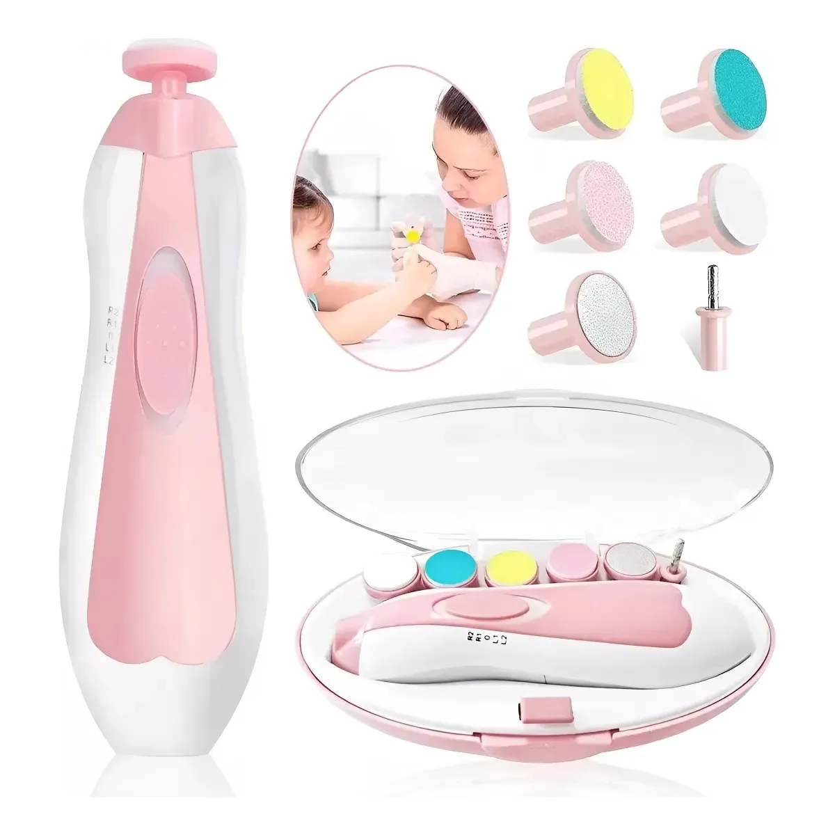 GENERICO - Corta Unas Bebe rosado Lima Electrica Luz Led Kit Manicura Infantil A Bateria Seguro Silencioso