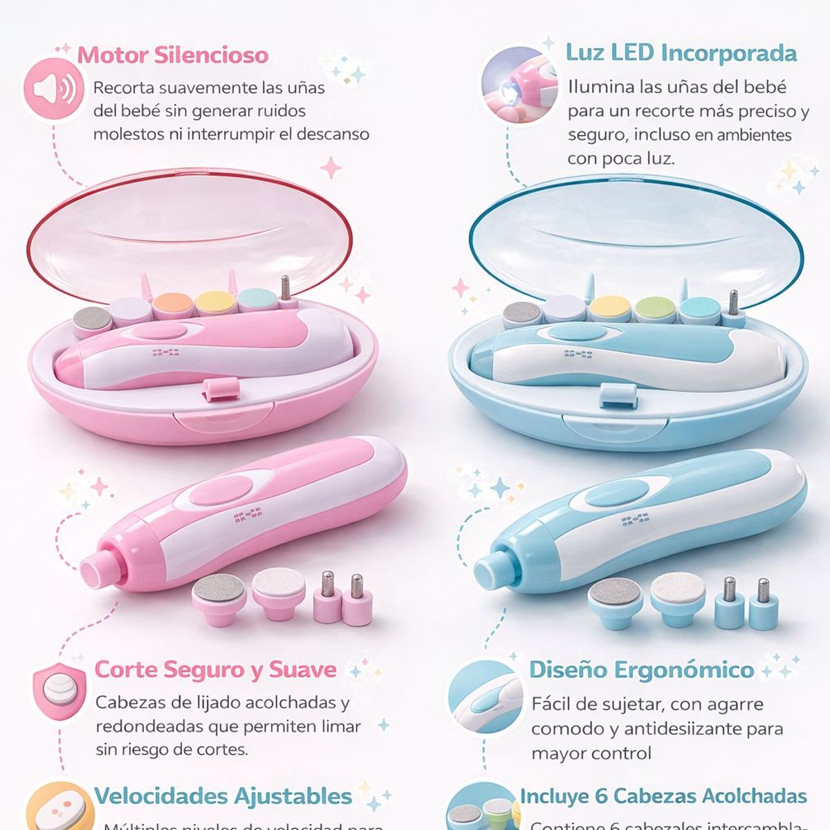 GENERICO - Cortaunas Electrico Bebe Lima Electrica Recortadora Unas Estuche LED Rosa Azul