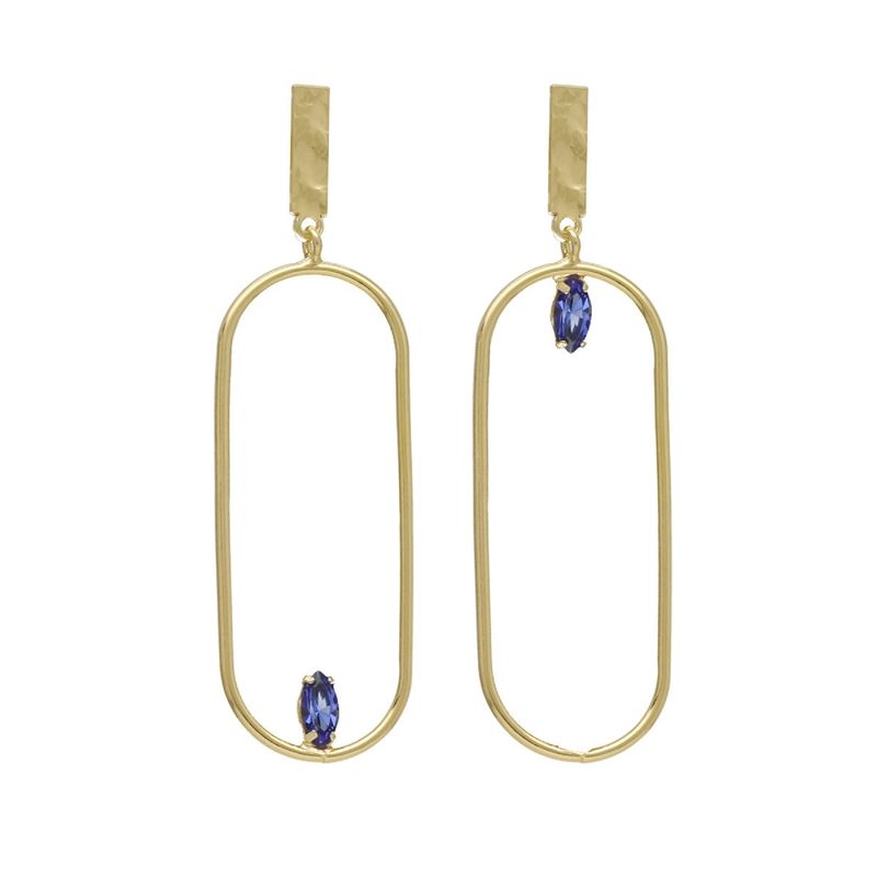 VICTORIA CRUZ - Par de Aros largos oval Sapphire bañados en oro