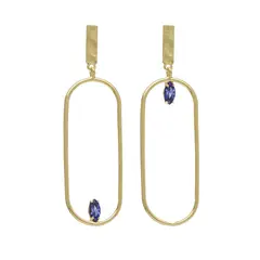 VICTORIA CRUZ - Par de Aros largos oval Sapphire bañados en oro