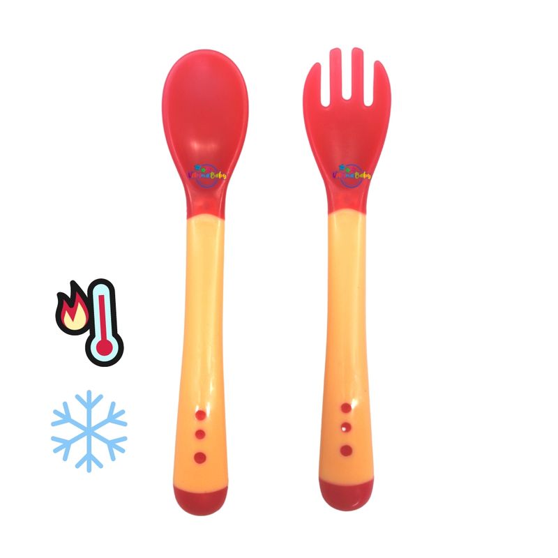 GENERICO - Cuchara y Tenedor Bebe con sensor temperatura - Rojo